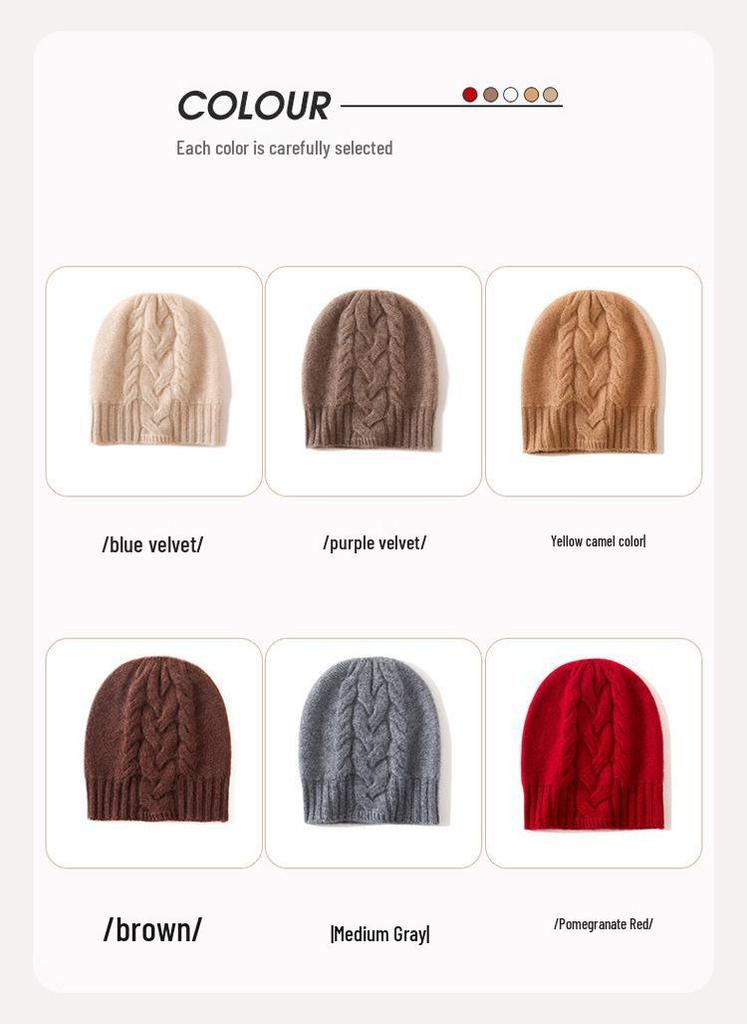 Cashmere 2025 Autumn/Winter Women's High-End Cable Knit Thick Warm Fashion Hat