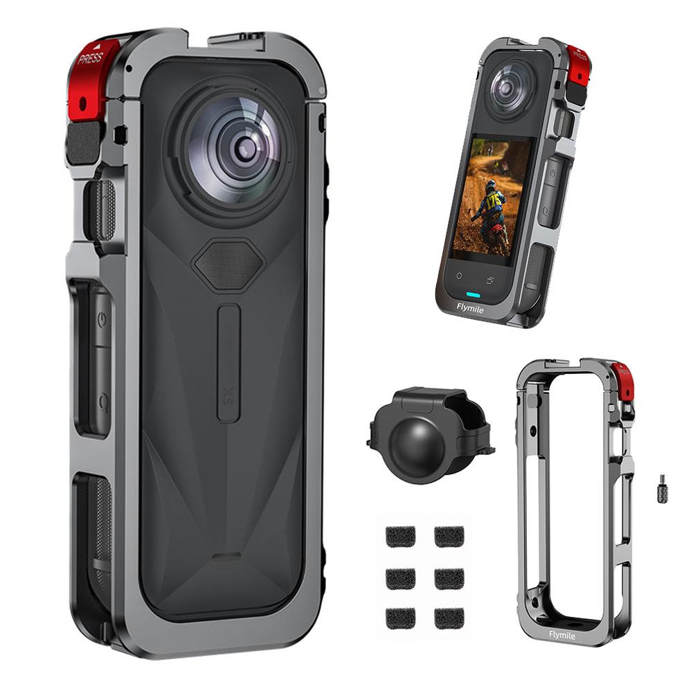 Metal Cage With Silicone Lens Cover For Insta360 X5 Camera Mount Bracket Frame Rabbit Cage With Cold Shoe and 1/4" Threads