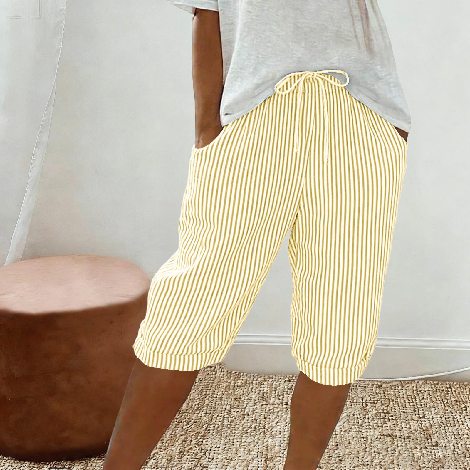 

Women s Fashionable Striped Printed Loose Drawstring Cotton Linen Casual Five Quarter Pants XL