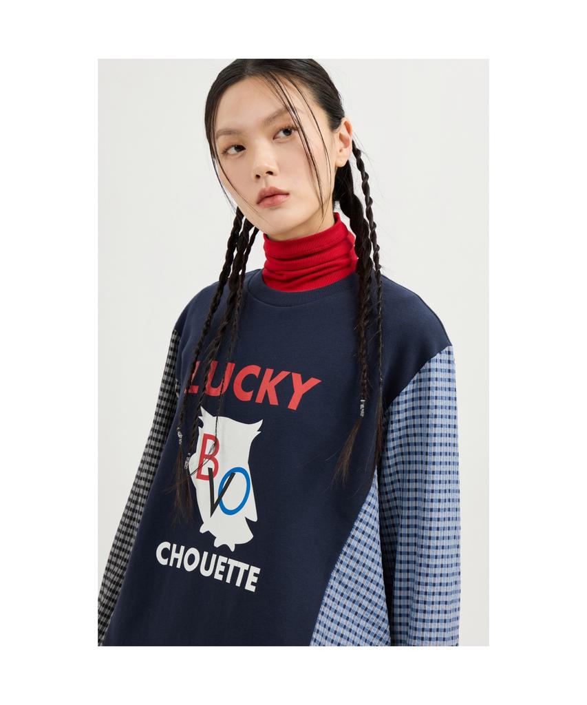LUCKY CHOUETTE Checkered Sleeve Mix Long-Sleeved T-Shirt (Dark Navy) Lftas25195Nyd