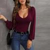 JPNTKY Women's Fashion Casual Solid Color Print Long Sleeve U-Neck Blouses & Shirts