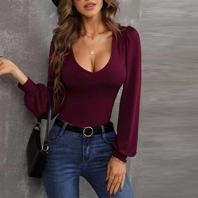 JPNTKY Women's Fashion Casual Solid Color Print Long Sleeve U-Neck Blouses & Shirts