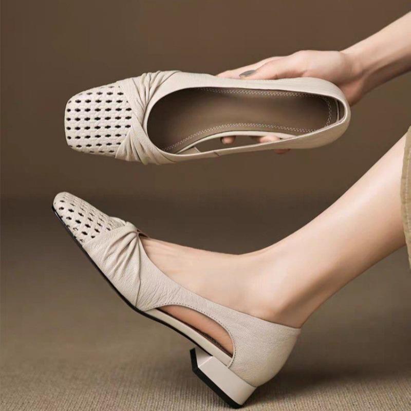 Fashion Low Heel Sheepskin Hollow-out Baotou Sandals Women's Xia New Retro Shallow Single Shoes