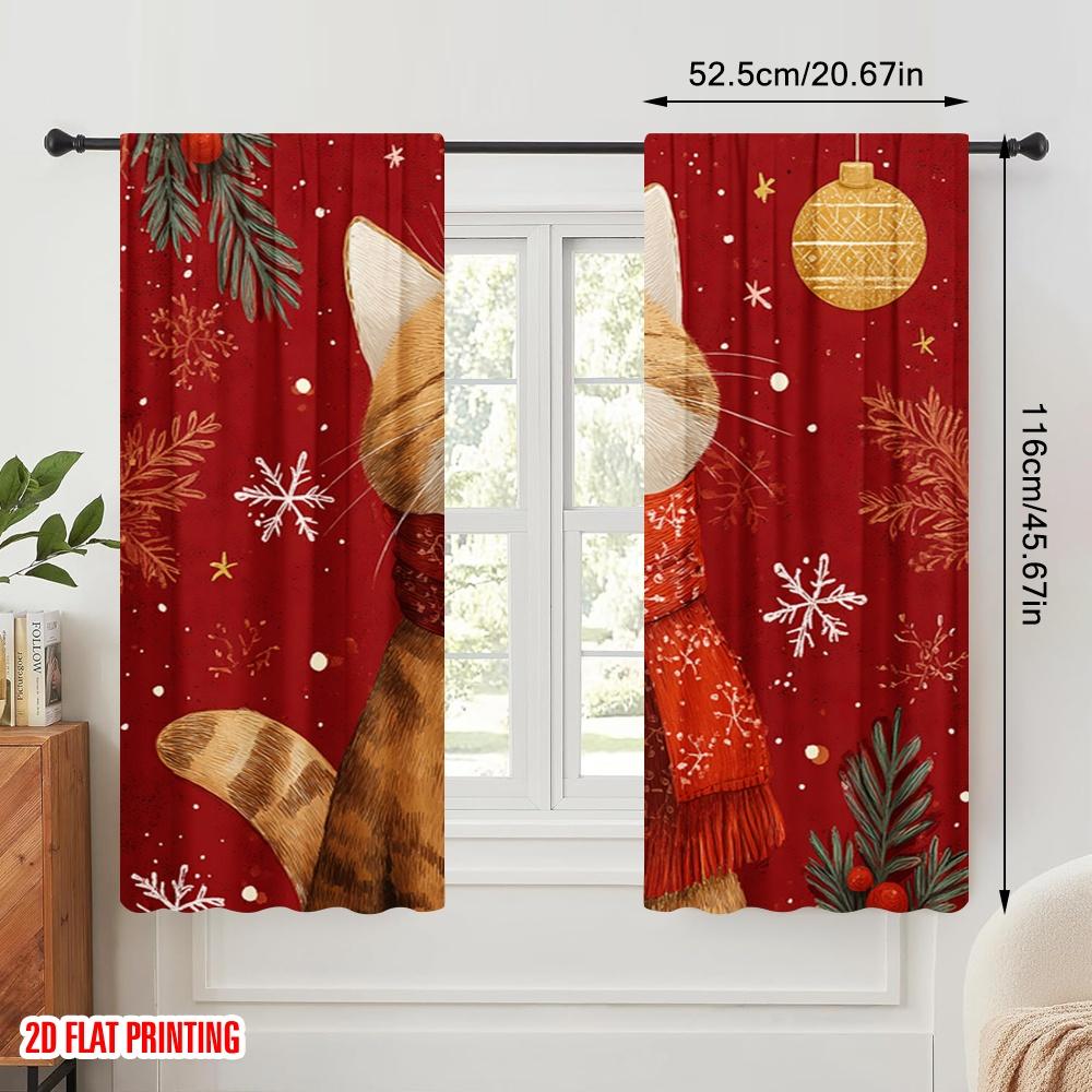 2pcs,2D Plane Printing Minimalist Curtains Snowflake Cat Versatile Polyester (without Rod) Gifts Use for Bedroom, Contemporary