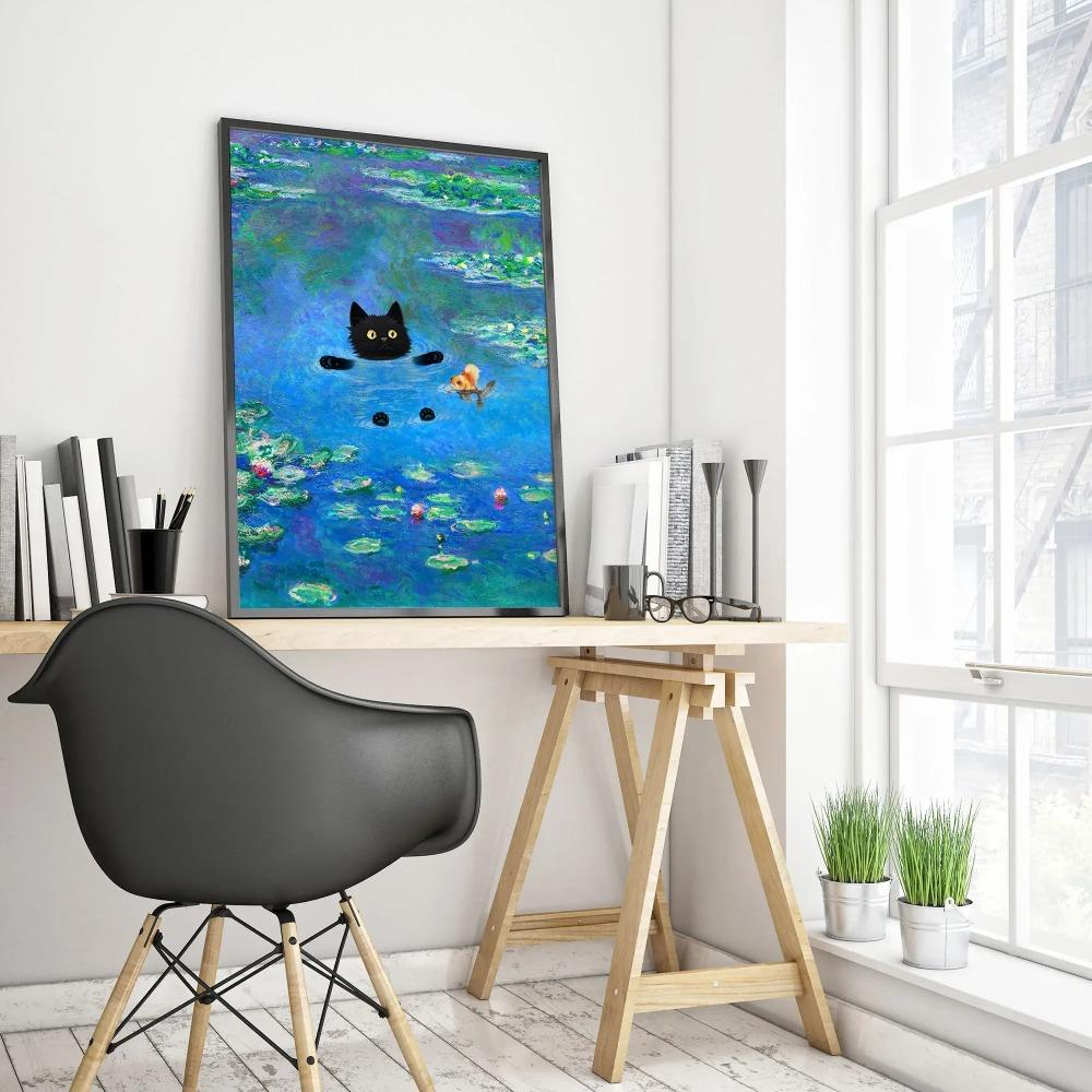 1pc Frameless Claude Monet Artworks Interesting Cute Black Cat Lotus Pond Poster Canvas Paintings for Living Room Home Decor