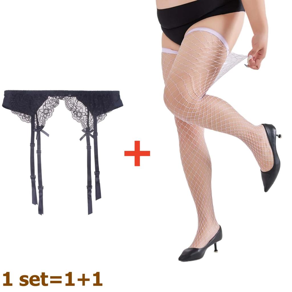 2Pcs Women'S Adjustable Non-Slip Stockings High Waist Garter Belt Plus Size Sock Set Lace Mesh Suspender One-Piece Pantyhose Xxl