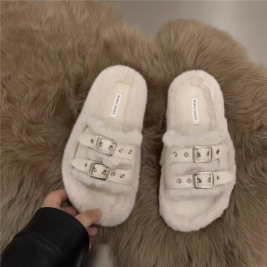 Papuci pufoși cu talpă groasă pentru femei, de exterior, 2024 nou toamnă și iarnă, retro, nișă, cu cataramă de curea, cu talpă plată, pantofi de pluș din bumbac