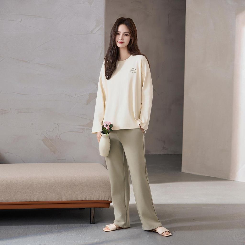 Women's Pure Cotton Pajamas with Chest Pad - Long Sleeve, Plus Size, for Autumn/Winter. Wearable Outdoors, Loose Fit Homewear.