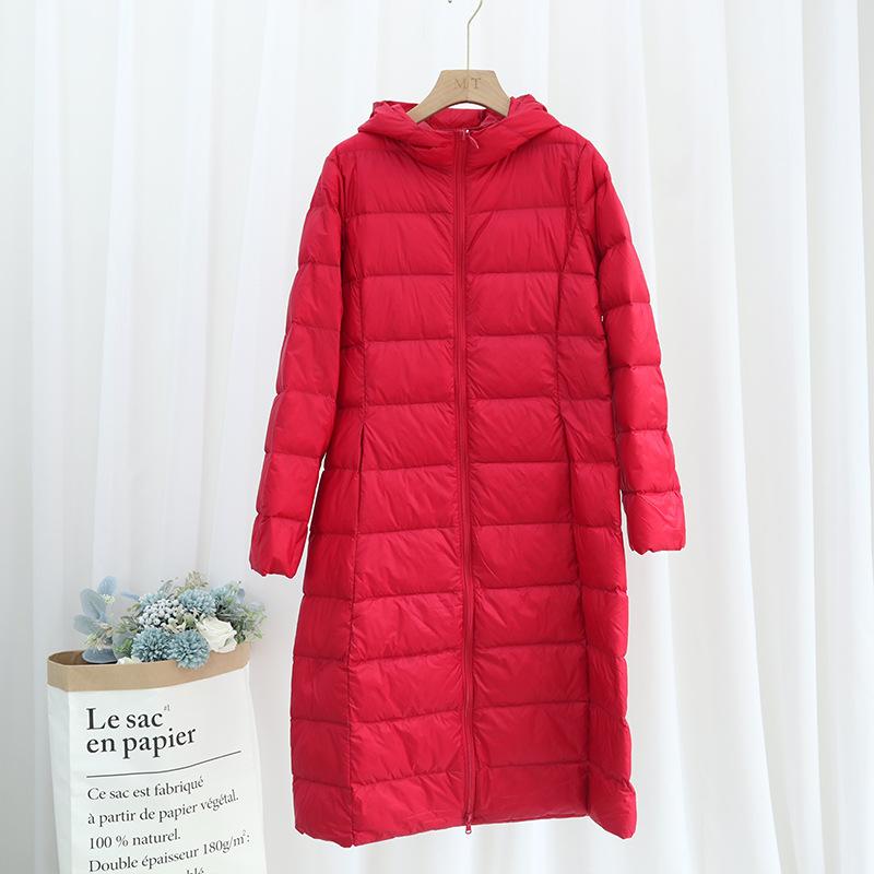 2025 Autumn and Winter New Light Down Jacket Women's Medium and Long Long Over Knee Lengthened Hooded Slim-fitting Thin Jacket Korean Version