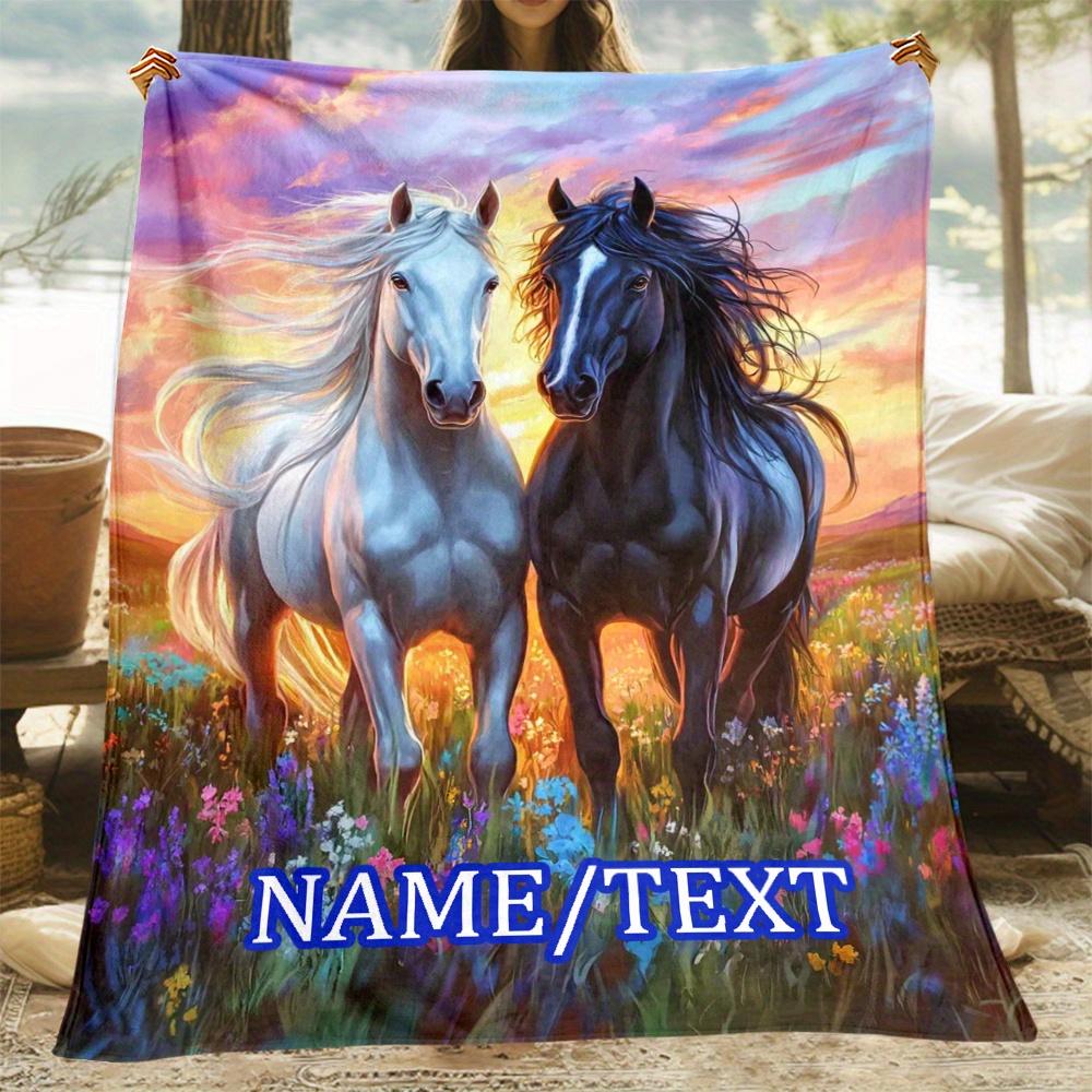 

Personalized Horse Blanket Name Text Design Sunset Field Art Soft Fleece Throw Animal Lover Gift Home Decor 75x100cm