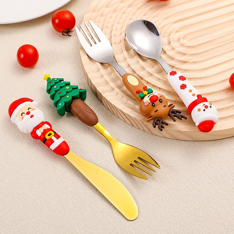 4 Stück Weihnachtsgabel und Löffel Set Besteck Edelstahl Kreatives Tafelgeschirr Kaffee Tee Dessert Geschenkset