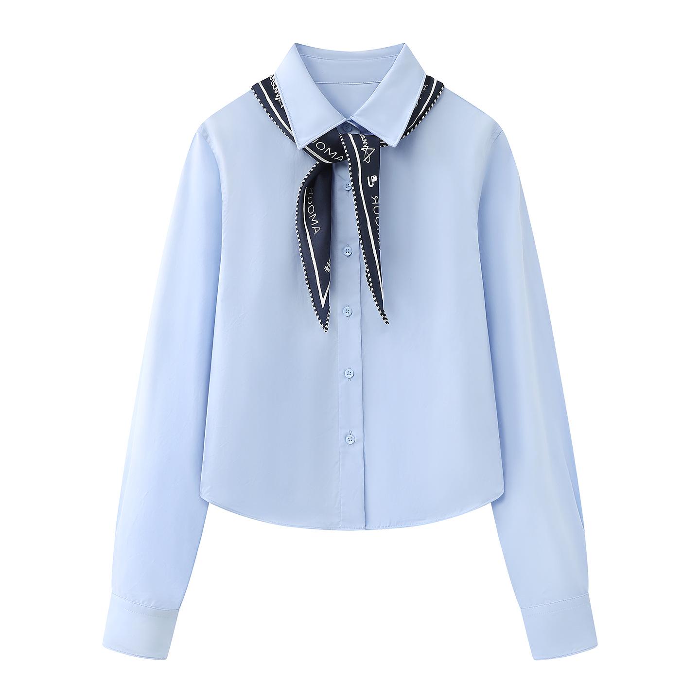 In Stock Spring 2026 Women s Casual Loose Silk Scarf Long Sleeve Shirt, New Style S синий