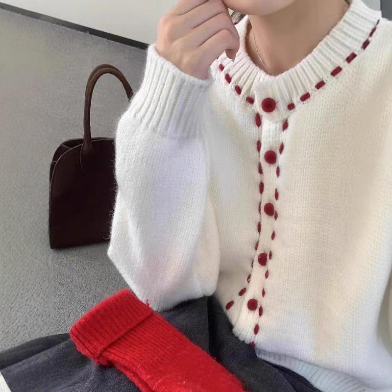 Contrasting Color Rope Design Sense Knitted Cardigan Spring New Round Neck Loose Single-breasted Sweater Jacket Women
