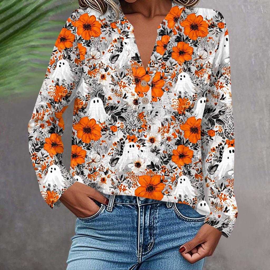 Damen Modisches Und Lässiges Hemd Langarm V-Ausschnitt Knopf Bedruckte Bluse Top