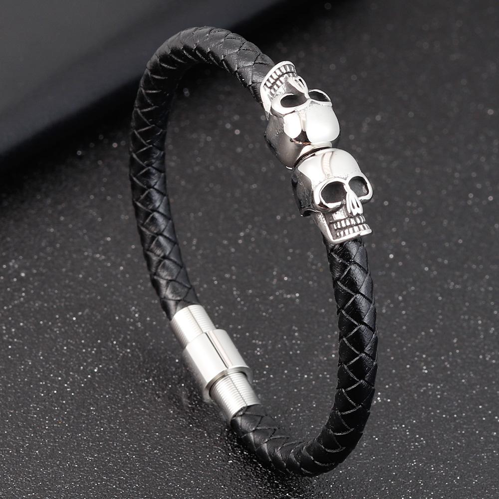 Men's Black Braided Leather Bracelet with Stainless Steel Skull Design Cool Wristband