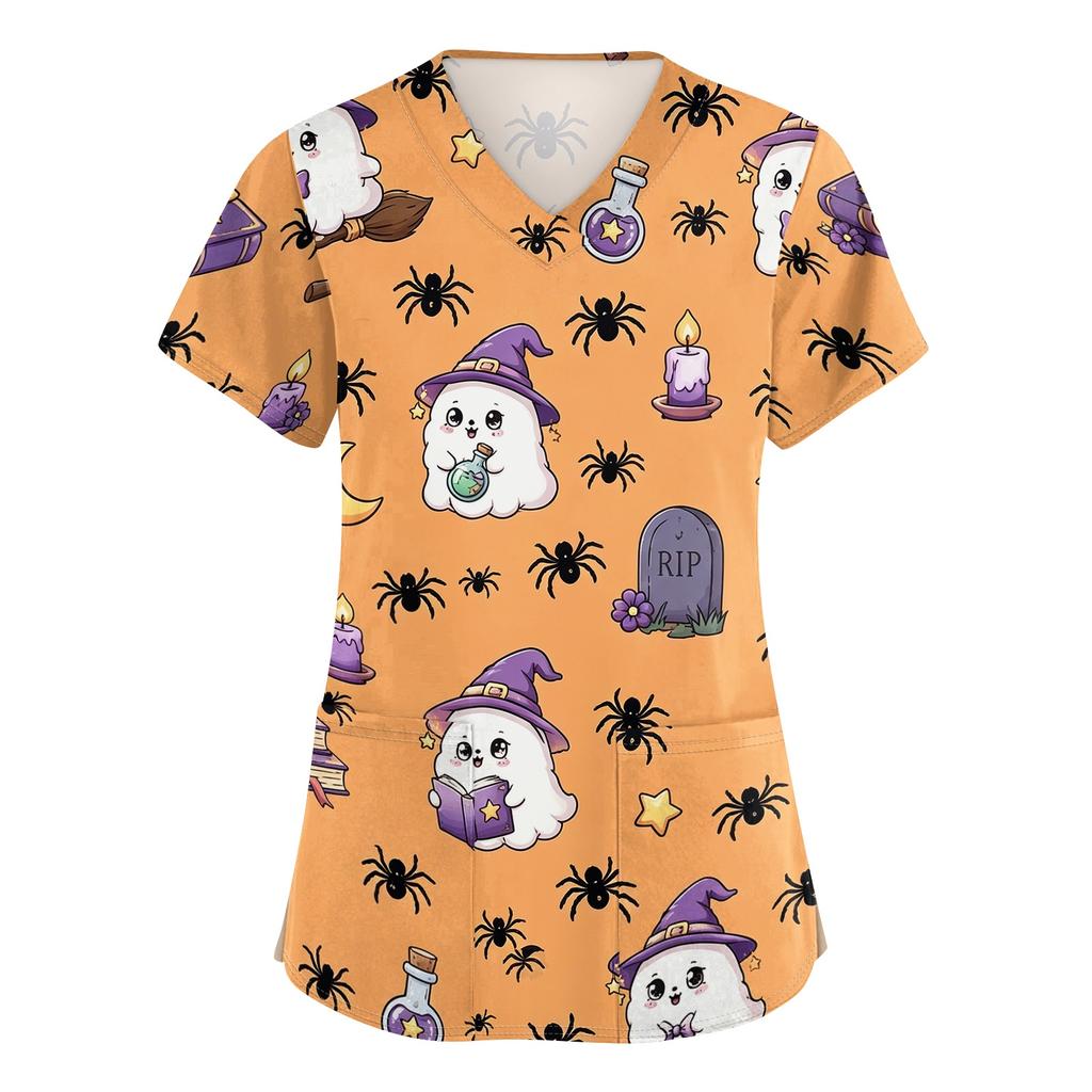 Women's V-Neck Short Sleeve Scrub Top with Pockets, Halloween Print Work Shirt for Clinic and Daily Wear