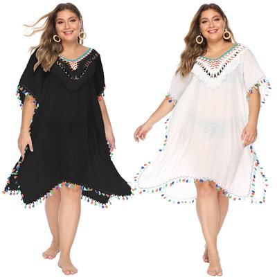 Jupe irrégulière de grande taille pour femmes, couture avec crochet à main, pompon coloré, décolleté en V profond, Sexy, ample, grande taille, Smock de plage, dos nu
