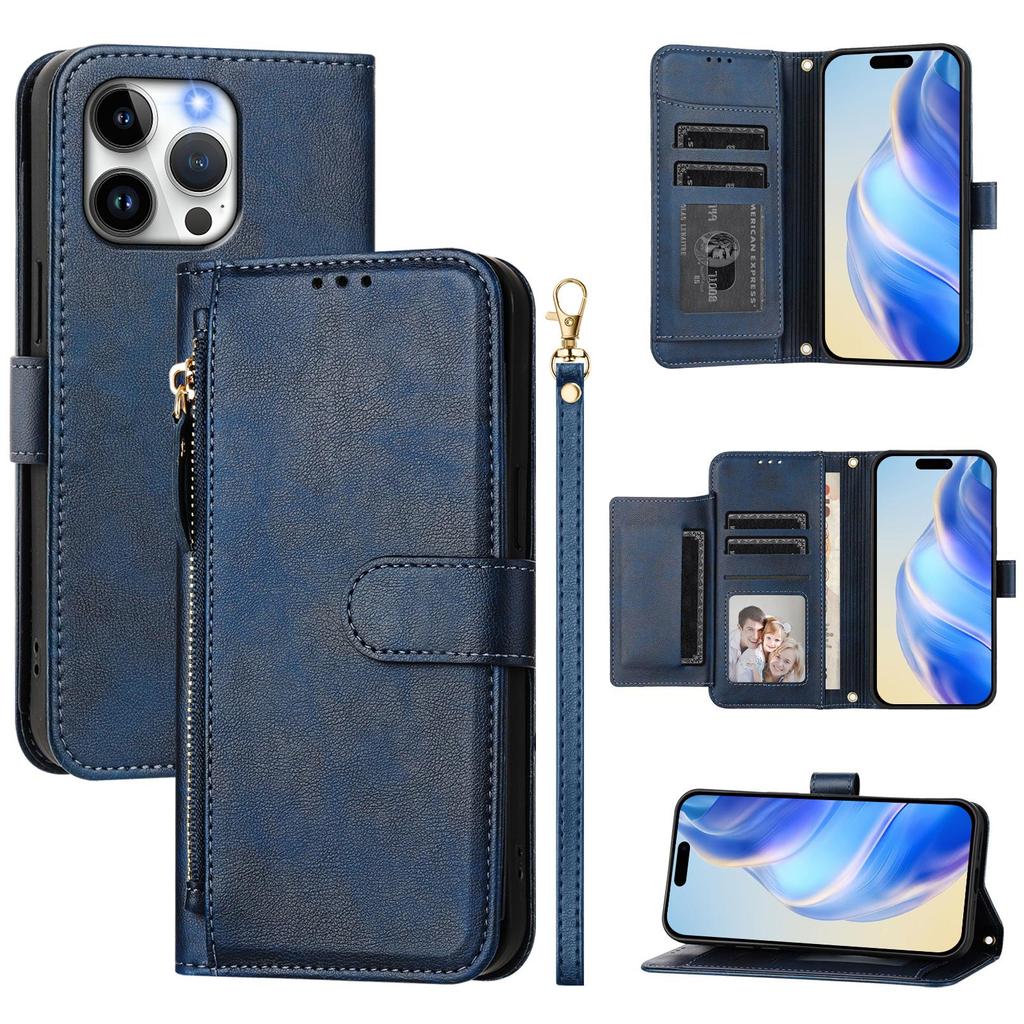 For iPhone 14 Pro Max Case Zipper Pocket Multiple Card Slots Leather Phone Cover