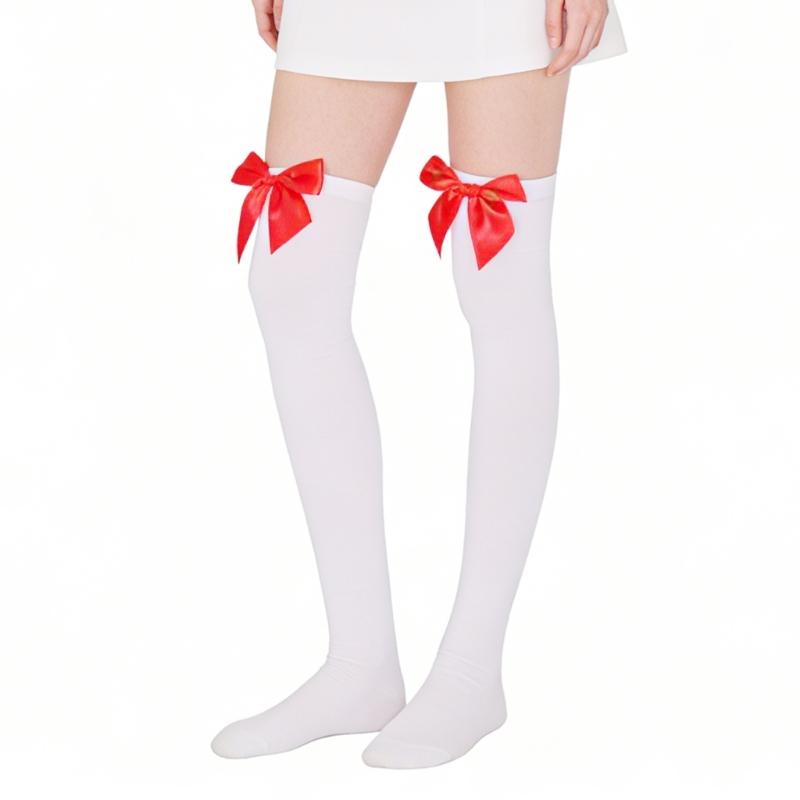 Stylish Thigh High Socks with Sweet Bowknot Accent 80D Velvets Opaque Over Knee Stockings for Women Casual and Party Use