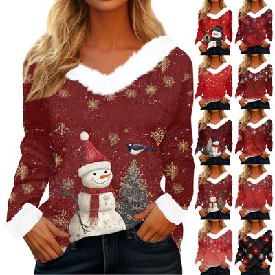 Damen T-Shirt Tee Weihnachtsshirt Langarm Party Weihnachtsdruck Fleecekragen V-Ausschnitt Top