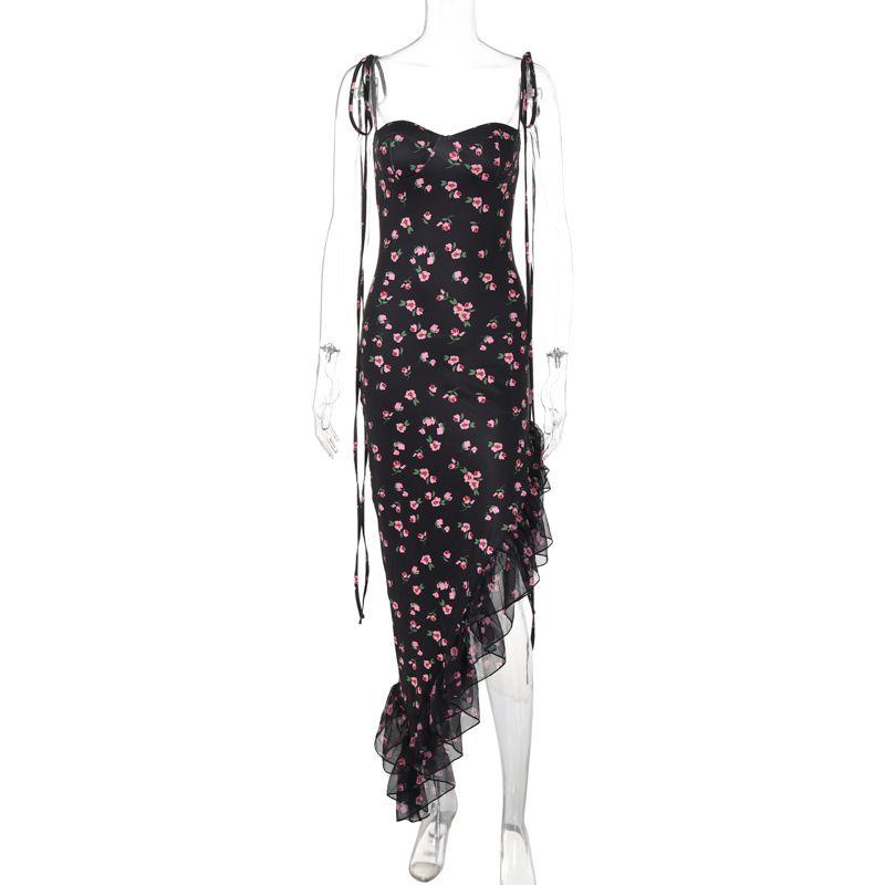 Sexy Tether Dress Oblique Mesh Floral Sling