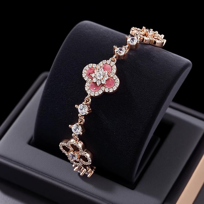 Bracelet Hui Zhiyi S925 Argent Rose & Trèfle à Quatre Feuilles Réglable pour Femmes
