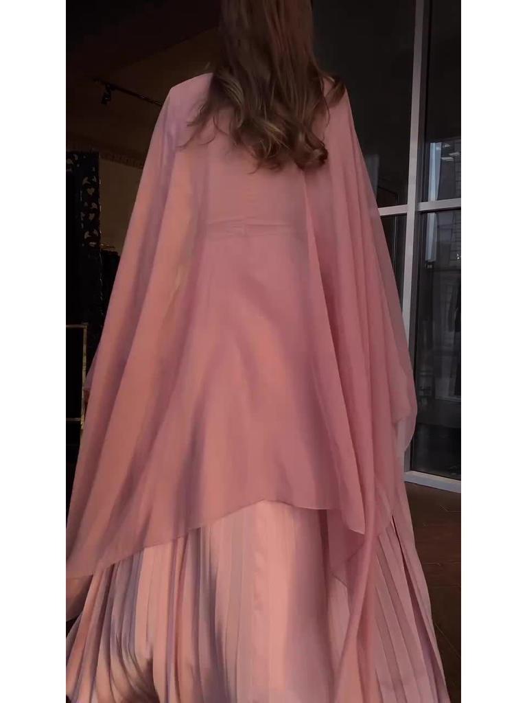 2025 Herbst Rosa Plissiertes Taillenbetontes Langarm-Kleid-Set für Damen