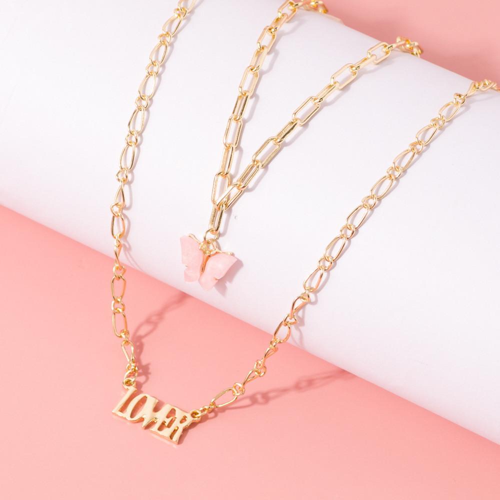 Gorgeous Alloy Double Layer Necklace With Pink Butterfly Charm Perfect For Stylish Women