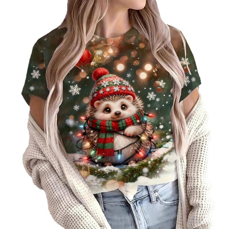 Casual Loose Fit Round Neck Short Sleeve T-Shirt With 3D Dog Print Women Men 2025