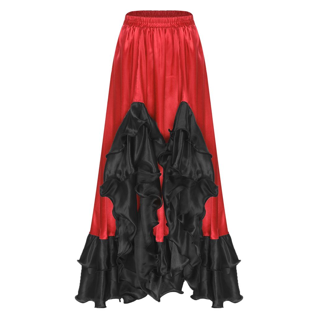 Ladies Spanish Dance Skirt Flamenco Style Ruffled Trim Irregular Hem Satin Elastic Waist Big Swing Skirt