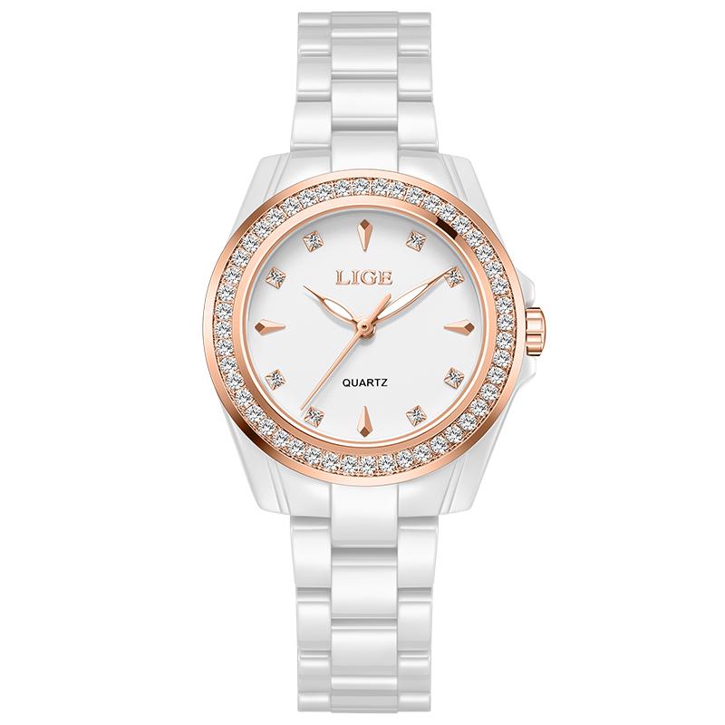 LIGE Elegant Women's Watches Ceramic Diamond Quartz Watch Fashion Waterproof Luminous Clock Ladies Wristwatch Montre Femme+BOX