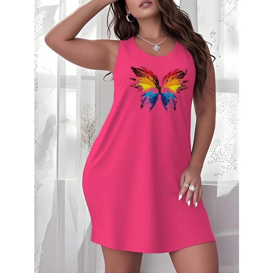 

Summer Butterfly Print Womens Dresses Cute Sleeveless Crew Neck Tank Dress Breathable Y2k Ladies Clothes Woman Clothing Tops 8XL