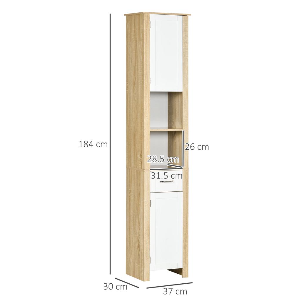 Tall Bathroom Cabinet In Particleboard with a Drawer, 2 Cabinets and 2 Adjustable Open Shelves, 37x30x184 Cm