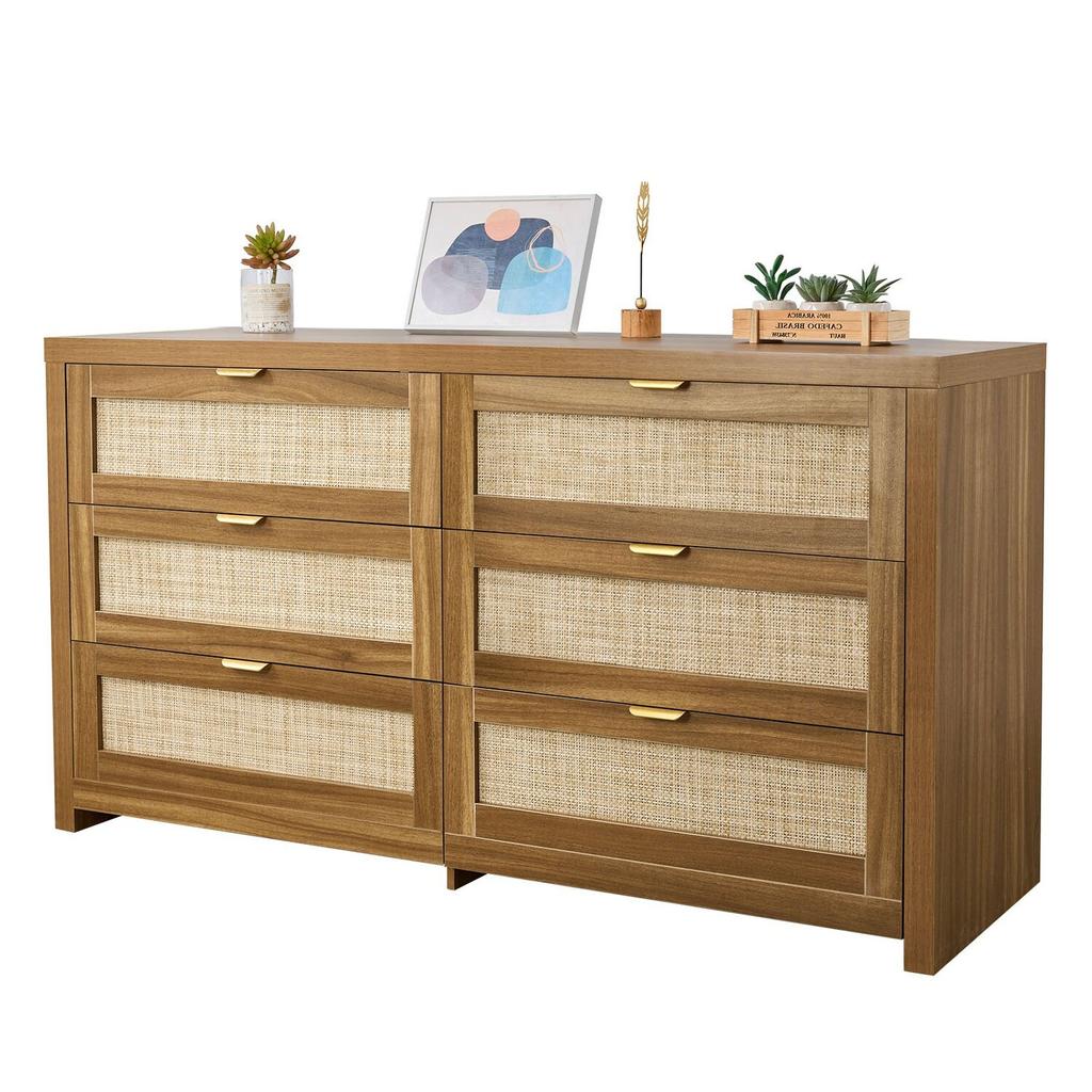 6 Drawer Rattan Dresser, Double Dresser for Bedroom, Natural Rattan Chest of Drawer with Metal Handle, Modern Wood Chest Clothing Organizer & Storage
