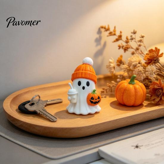 Halloween Desk Decorations 3D Printed Cute Ghost Figurine with Pumpkin Milk Tea, Orange Trend Gifts Beanie Ornaments, Funny Holiday Gift for