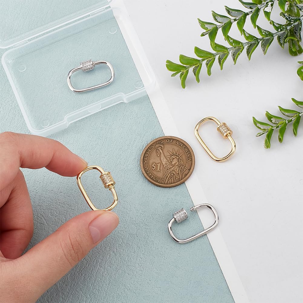 PH PandaHall 2 Colors 4pcs Oval Screw Lock Charms 18K Gold Plated Carabiner Lock Clip Micro Pave Cubic Screw Necklace Link Connector Golden Snap