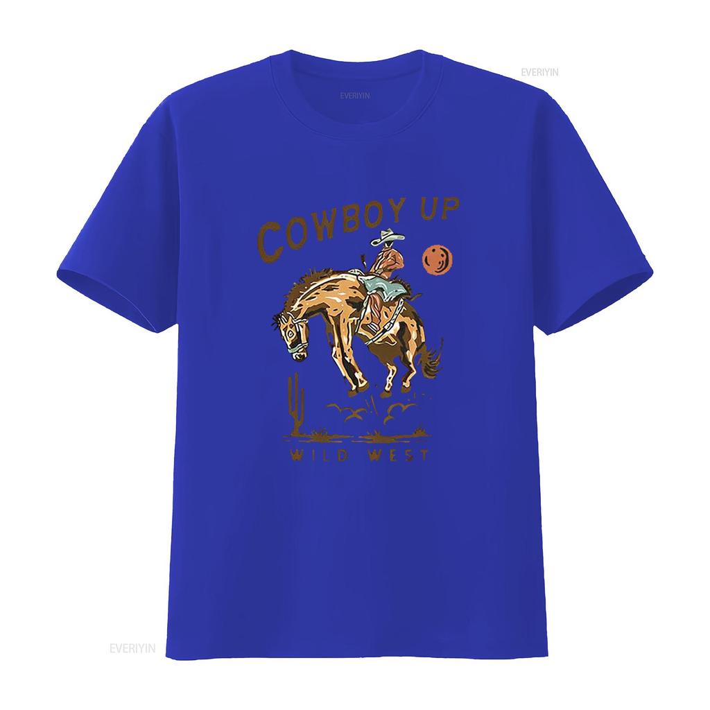 COWBOY UP WILD WEST American Retro Round Neck Womens T Shirt Black X Large vintage Washed Stretched Top For Everyday Wear