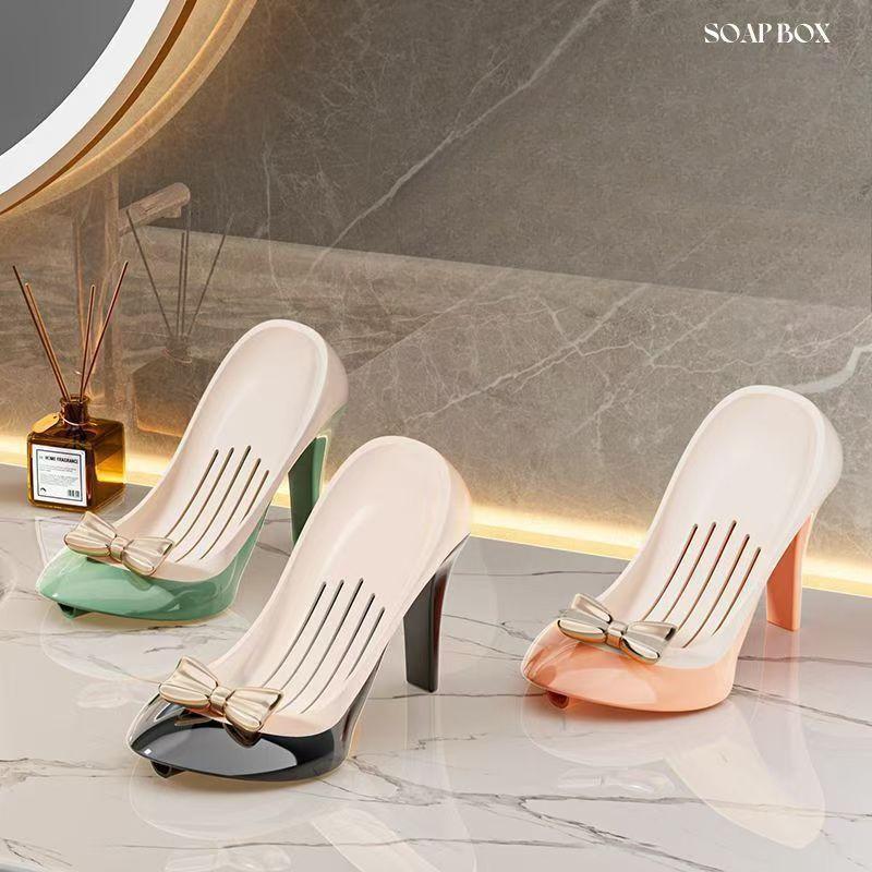 1pc Elegant Black & White High-Heel Soap Holder with Golden Bow - Non-Slip, Lightweight, Multi-Functional Grid Design for Bathroom Decor