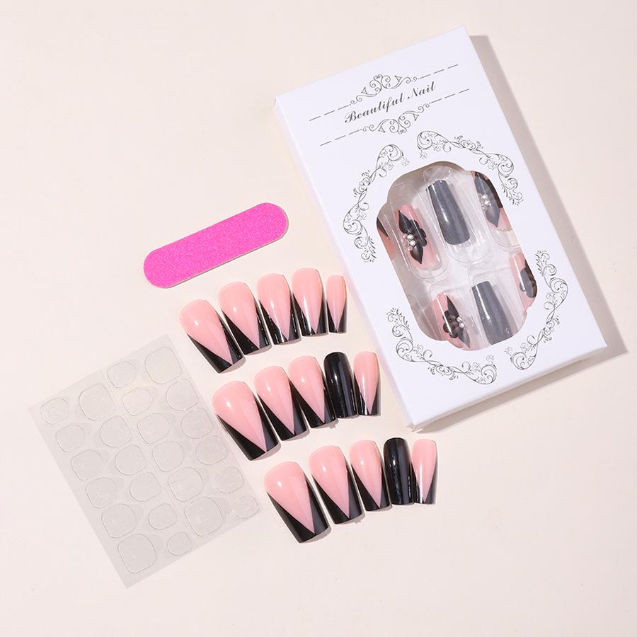 

Black French Style Removable Nail Stickers with Rhinestones and Five-Petal Flower Design