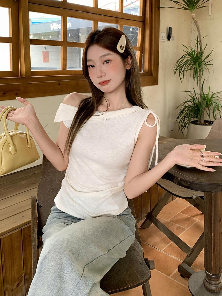 High-end sense unique swinging collar one-word off-the-shoulder pleated thin short-sleeved T-shirt women's summer wear sleeveless pure desire top