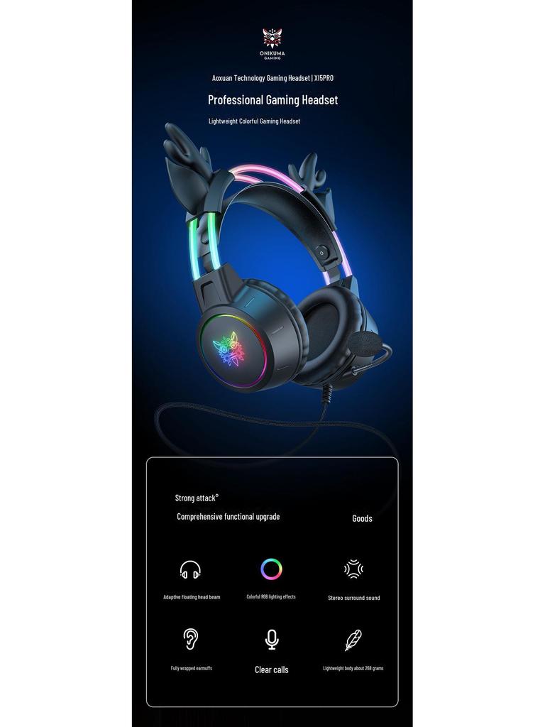 Słuchawki gamingowe X15Pro: Redukcja szumów, Świecąca opaska na głowę, Urocze kocie uszy dla e-sportu.