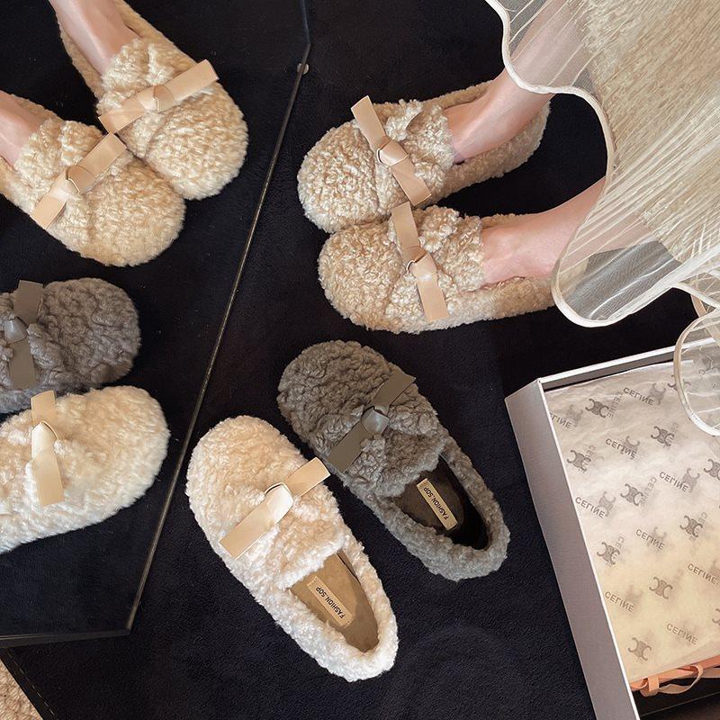 New Women's Single Shoes Wind One Pedal Fairy Bow Flat Bottom Velvet 2025 Fluffy Shoes Women's Warm Autumn and Winter Cotton Shoes