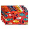 4pcs Linen Placemats Set, Red Base with Colorful Fish Design, 12x18 Inches – Perfect for Kitchen, Dining Room Decor, Family Gatherings, Parties, and