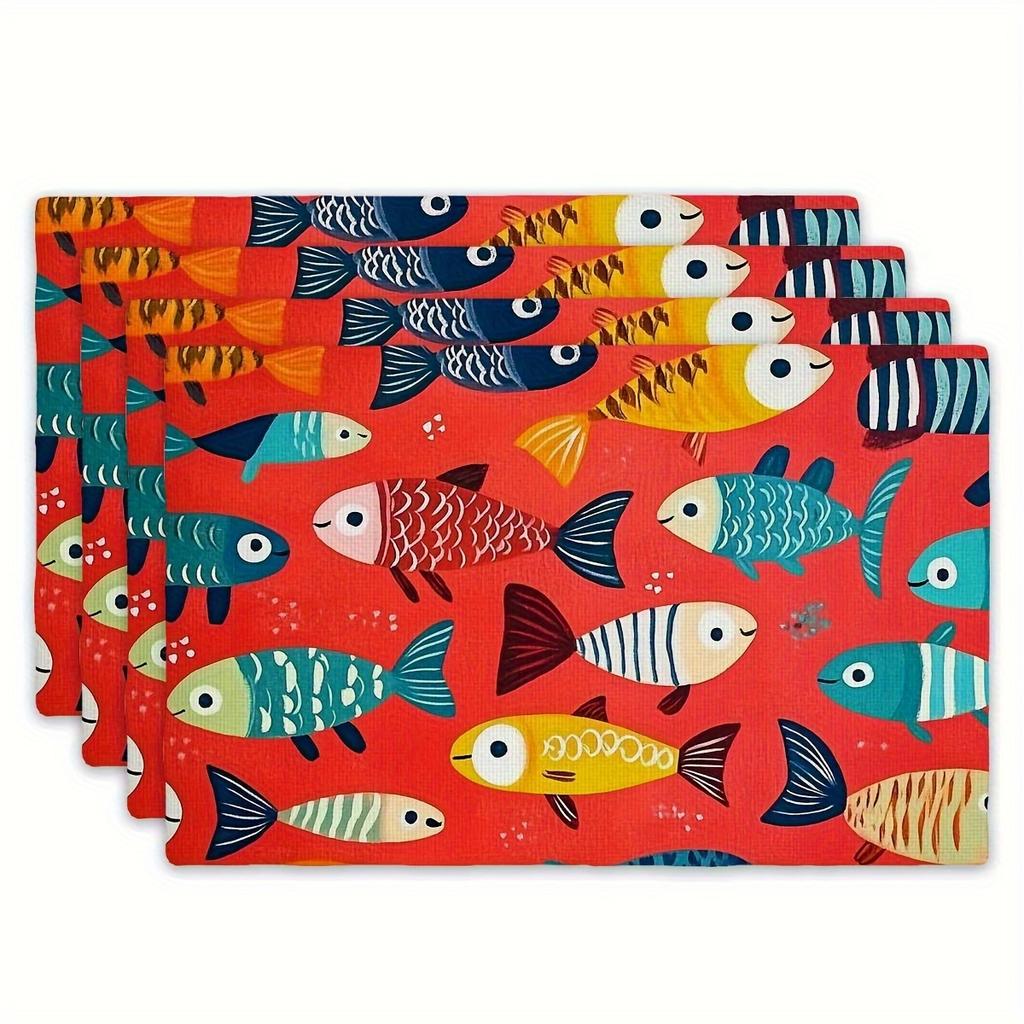 4pcs Linen Placemats Set, Red Base with Colorful Fish Design, 12x18 Inches – Perfect for Kitchen, Dining Room Decor, Family Gatherings, Parties, and