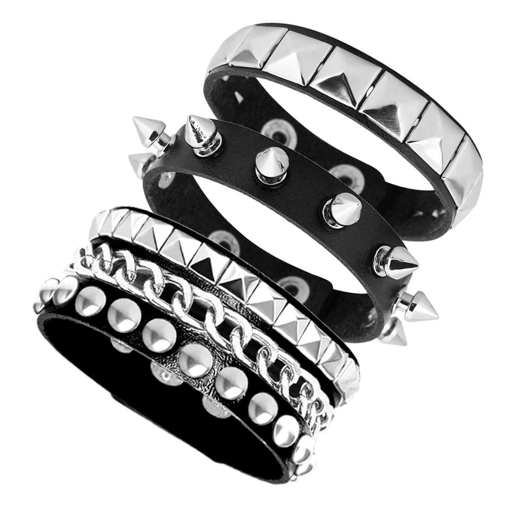 3-Piece Men's Punk Leather Bracelet Set: Multi-Layer Chain & Rivet Style