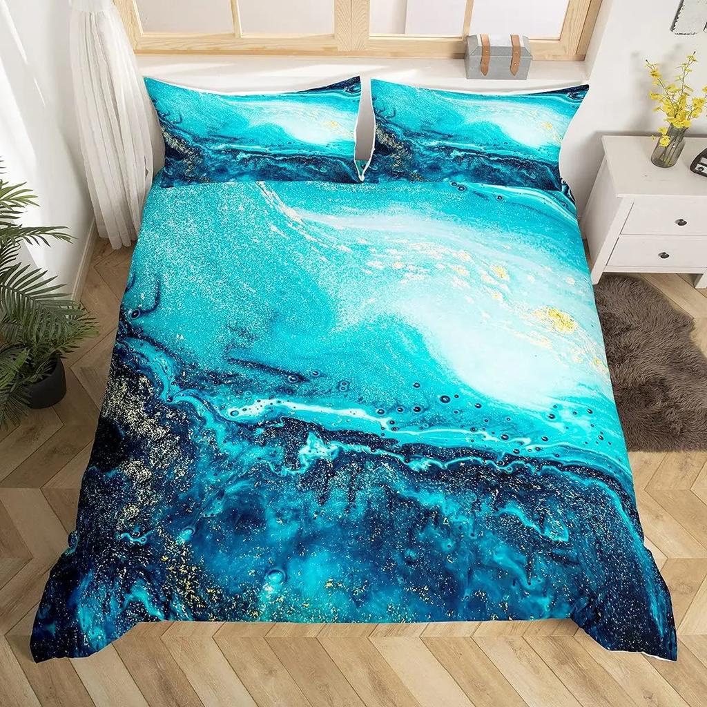 Blue Marble Duvet Cover, Geometric Comforter Cover Twin Queen Size Golden Stone Pattern Bedding Set Abstract Trippy Quilt Cover