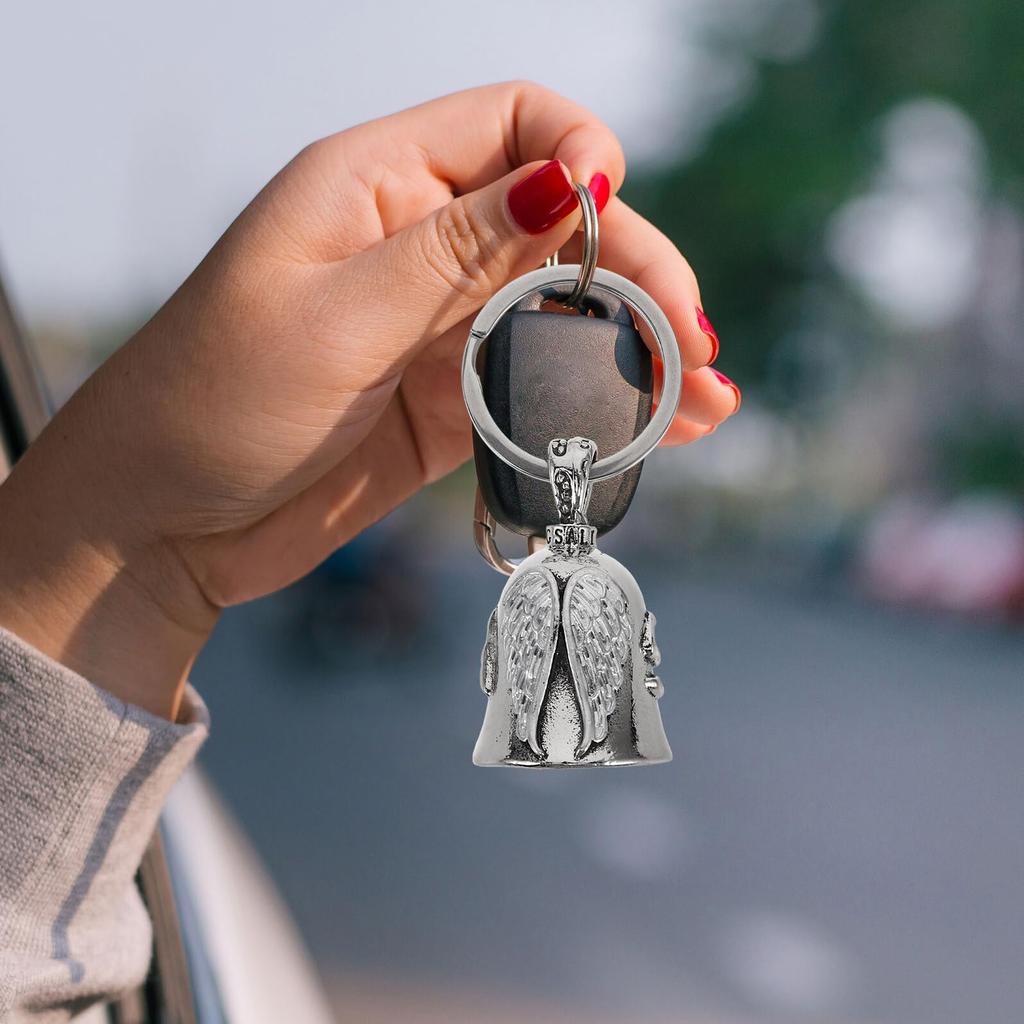PENIKOKO 2pcs Silver Stainless Steel Guardian Bell Motorcycle Keychain with