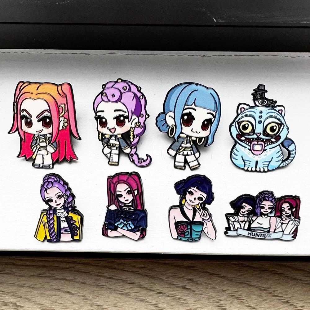 4 Stück KPOP Dämonenjäger Emaille-Anstecker Saja Boys Jinu Elster Cartoon-Charakter Metall-Broschen Abzeichen Schmuck Geschenke für Anime-Fans