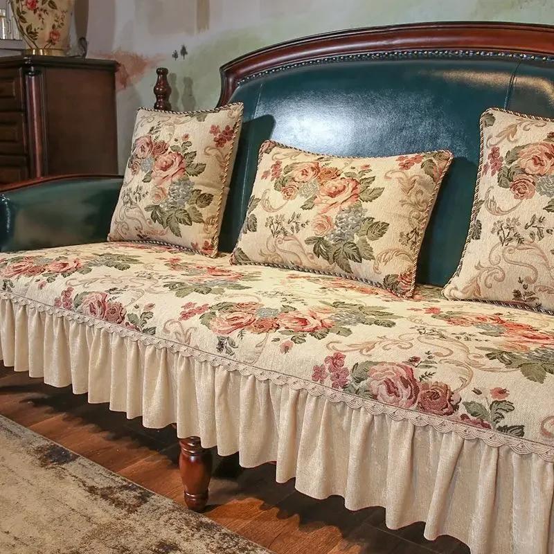 Lace Hem L-shaped Sofa Towel Chenille Jacquard Sofas Cushion Pillowcase European Combination Sofa Cover Anti Slip Wear-resistant