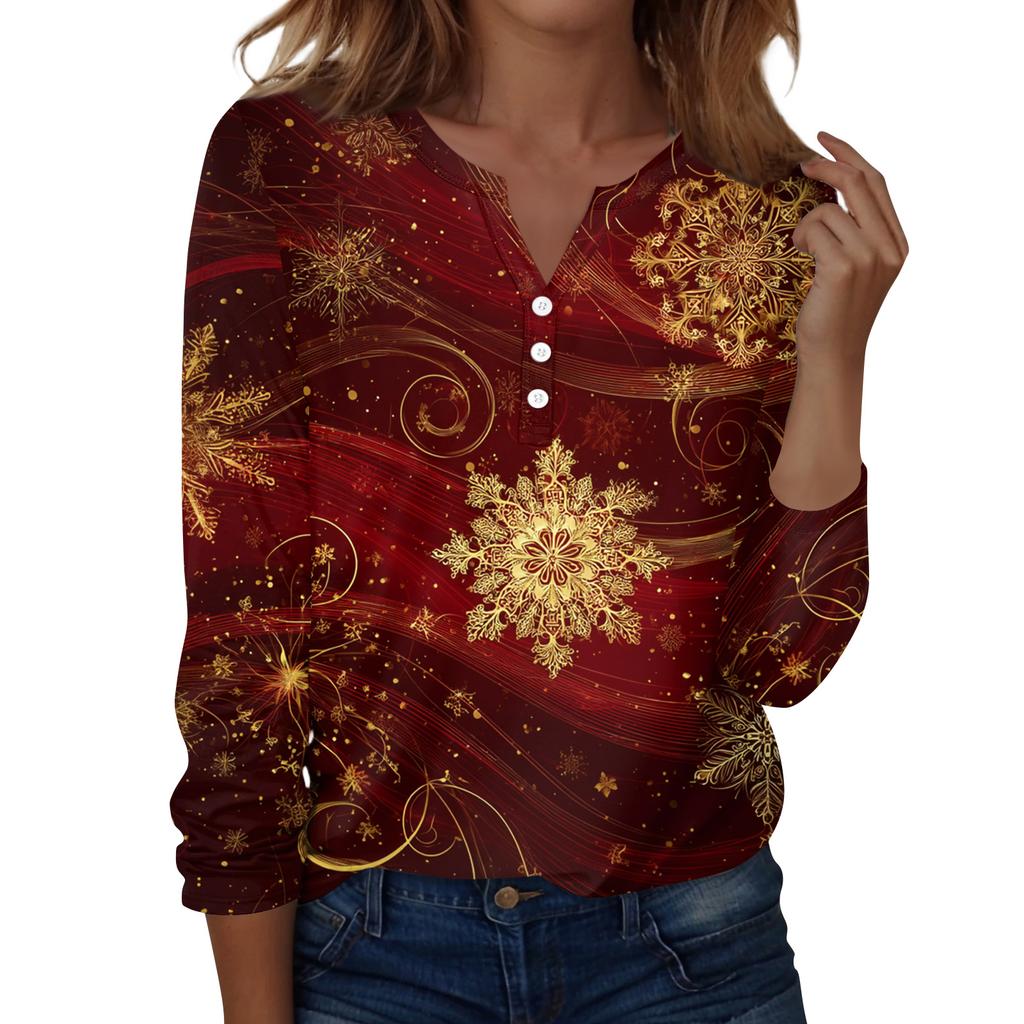Women's Fashion Casual H Printed V-Neck Long Sleeve Decorative Button T-Shirt Tops
